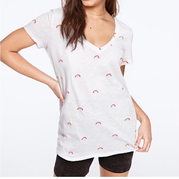 Victoria's Secret Tops - Victoria’s Secret white/rainbow, 💯 cotton tea shirt, size XS/S🌈🌈